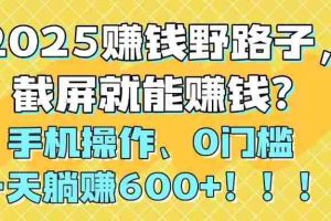 （14771期）2025赚钱野路子，截屏就能赚钱？手机操作0门槛，一天躺赚600+！！！