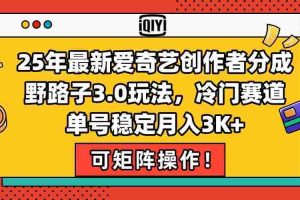 （15208期）25年最新爱奇艺创作者分成野路子3.0玩法，冷门赛道，单号稳定月入3K+，…
